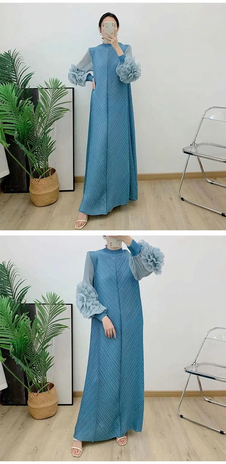 ANLAN Miyake Pleated Maxi Long Dress Mesh Petal Sleeve Half Turtleneck Formal Dresses for Women 2024 New Hot Sales 6KK9927 - M & M Global