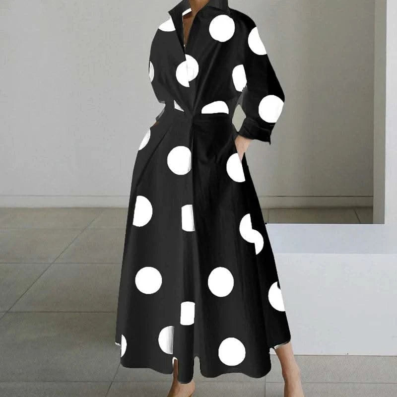 Autumn Dress Long Sleeve Dot Print Elegant Maxi Dresses For Women 2023 White Casual V Neck Shirt Party Long Dress Robe Femme - M & M Global