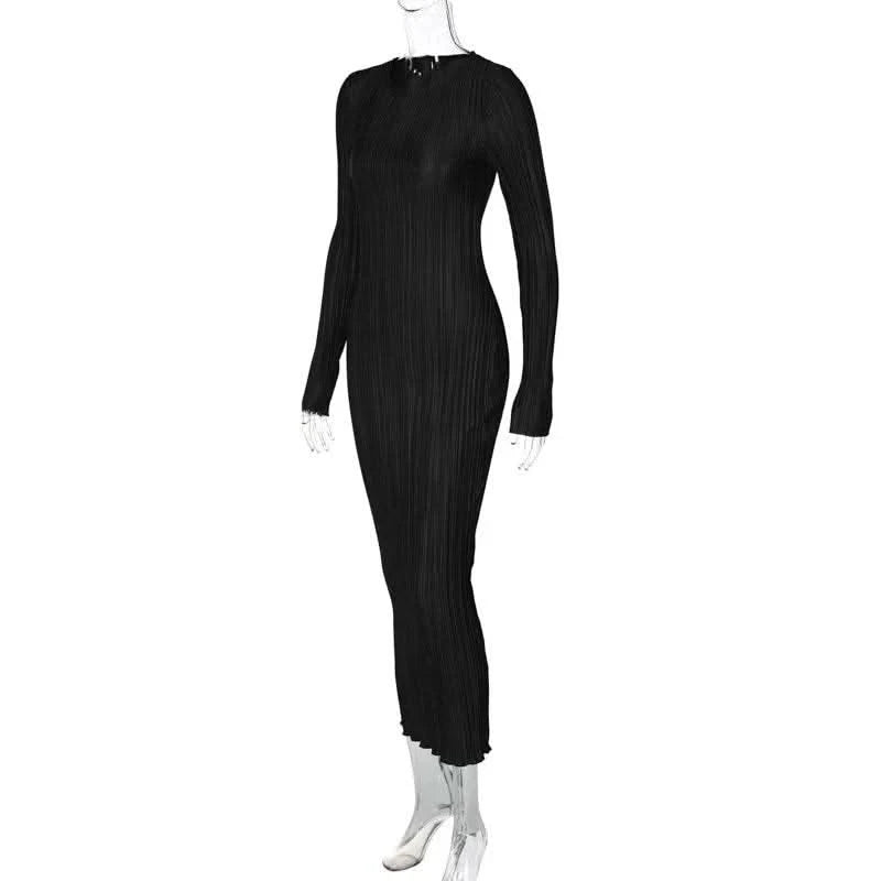 Dulzura Women 2024 Spring Autumn Fashion Long Sleeve Streetwear Bodycon Black Long Dress Wholesale Items For Business - M & M Global