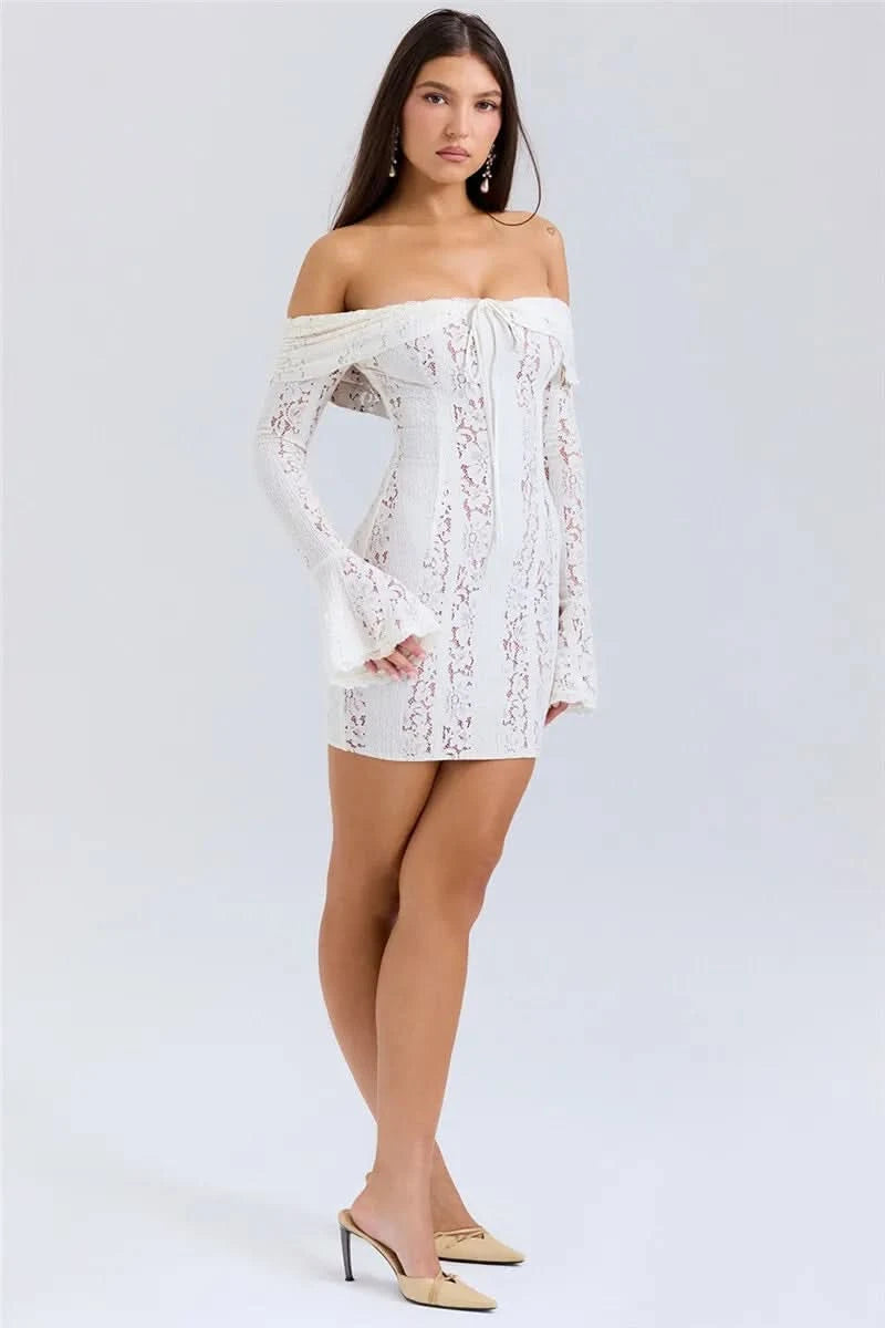 Mozision Floral Lace Off-shoulder Maxi Dress For Women White Strapless Backless Long Sleeve Bodycon Club Party Sexy Long Dress - M & M Global