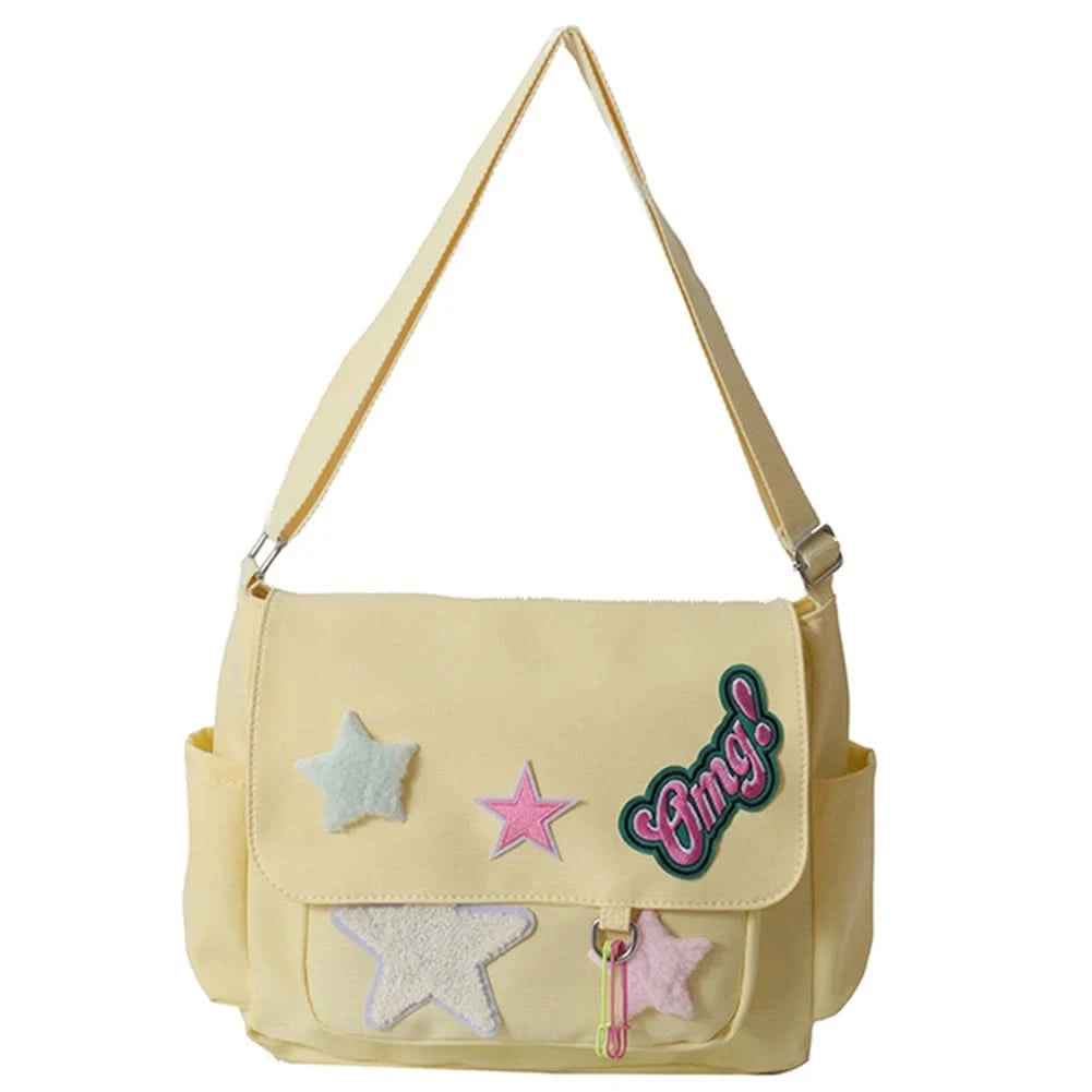 Women Cute Messenger Bag Large Capacity Canvas Student School Bag Star Letter Applique Candy Color Leisure Travel Outdoor Bag - M & M Global