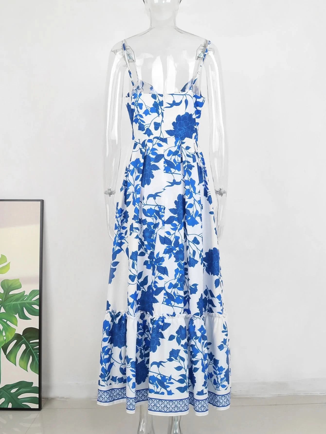 Summer Print Long Dress Women Clothing Lace Up Sling Party Dresses Pattern Strappy Ladies Hollow Out V-Neck Beach Vestidos - M & M Global