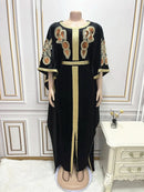 Ramadan Luxury Muslim Fashion Bat Sleeve Moroccan Turkiye Dubai Dress Middle East Arab Dress Sequins Golden Velvet Long Dress - M & M Global