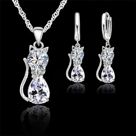 925 Sterling Silver Cat Pendant Necklace and Earrings Set with Austrian Crystal