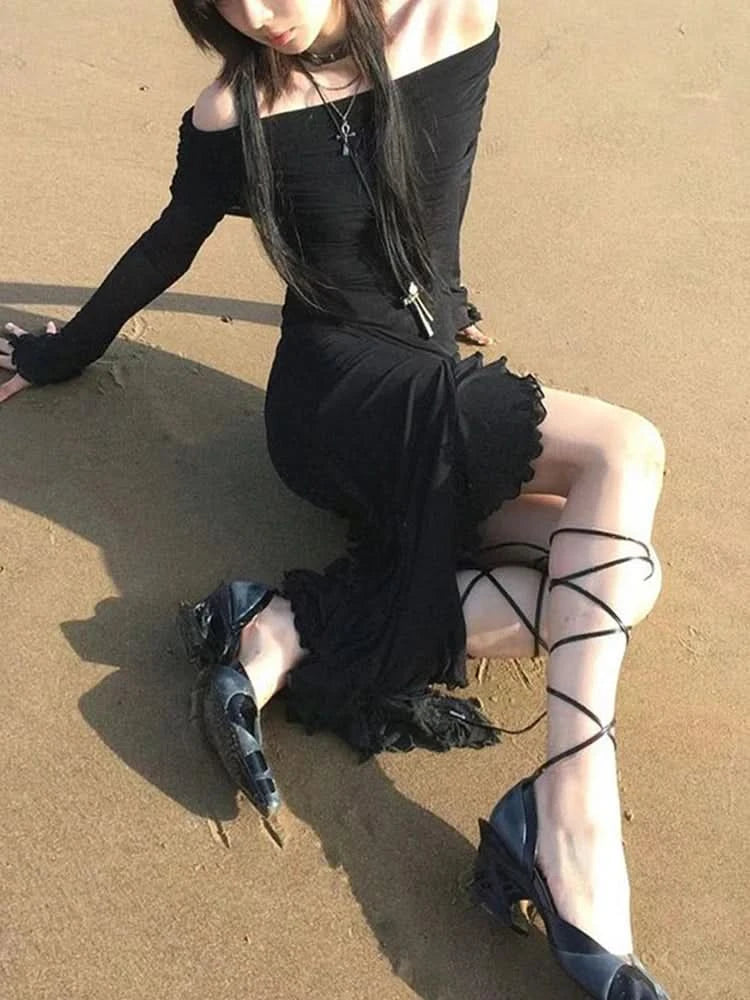 IAMSURE Elegant Fashion Dark Ruffles Split Long Dress Gothic Slash Neck Long Sleeve Maxi Dresses For Women 2023 Holiday Beach - M & M Global