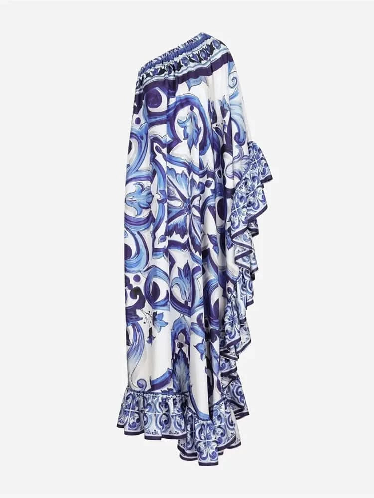 Summer Long Dress Women Runway Blue And White Porcelain Asymmetry Sexy Off The Shoulder Ruffles Hem Loose Robe Maxi Vestidos - M & M Global