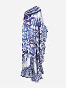Summer Long Dress Women Runway Blue And White Porcelain Asymmetry Sexy Off The Shoulder Ruffles Hem Loose Robe Maxi Vestidos - M & M Global