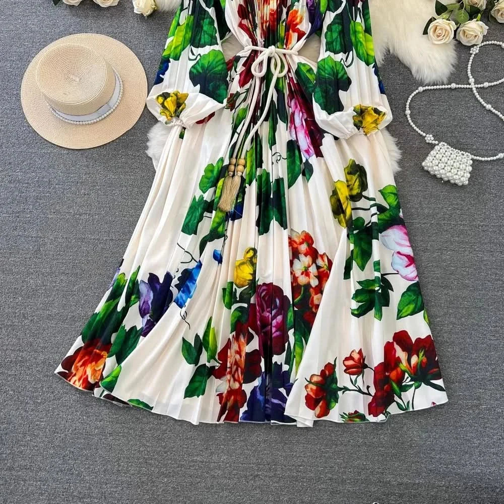 Spring Holiday Print Long Dress For Women Fashion Loose Lantern Sleeve Party Robe Female Big Swing Tassels Belt Pleated Clothes - M & M Global