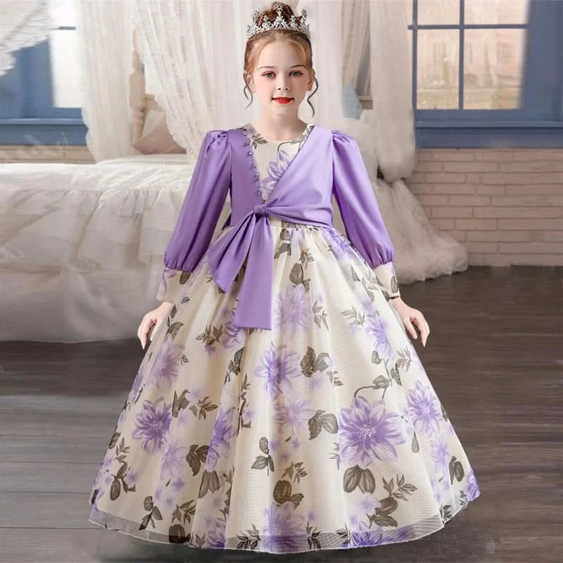 Girls flower pearl long sleeved princess dress 4-12 years old elegant bow printed long dress carnival birthday party performance - M & M Global