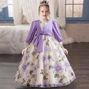 Girls flower pearl long sleeved princess dress 4-12 years old elegant bow printed long dress carnival birthday party performance - M & M Global