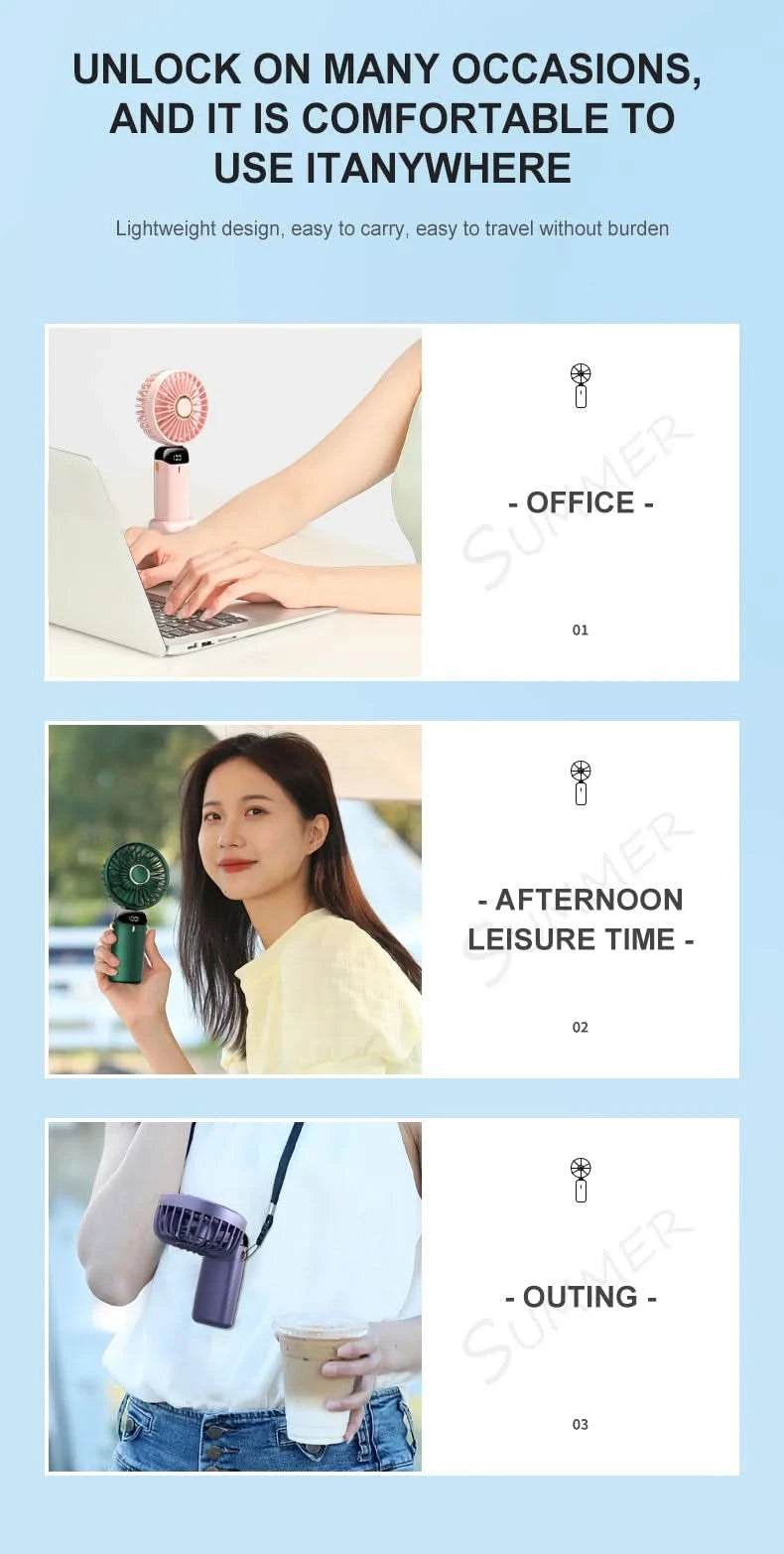 USB Handheld Mini Fan Foldable Portable Neck Hanging Fans 5 Speed USB Rechargeable Fan with Phone Stand and Display Screen - M & M Global
