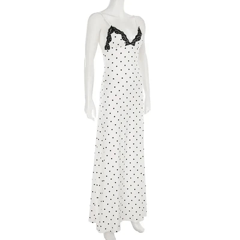 Tuularose Lace Spaghetti Strap Long Dress Women's Elegant Retro V-Neck Polka Dot Sleeveless Dress Summer Patchwork Party Dress - M & M Global
