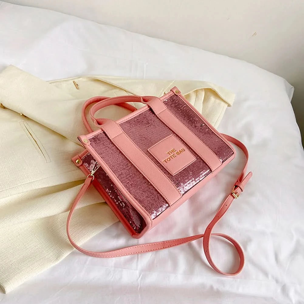 New The Tote Bag Letter Printed Sequins Top-Handle Bag Women Leather Handbag Luxury Designer Glitter Shoulder Crossbody Bag - M & M Global