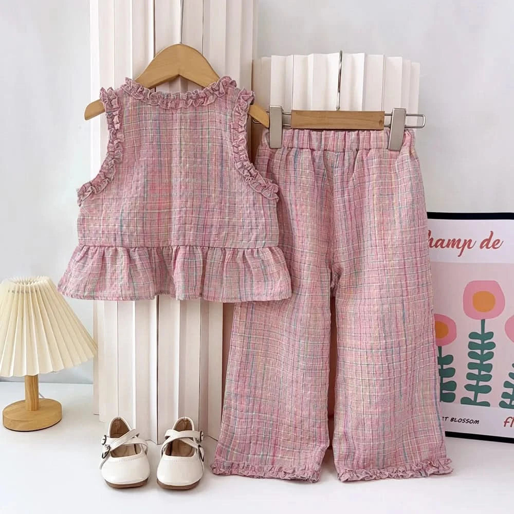 Pink Girl's Summer Two-piece Set with Single Breasted Sleeveless Top and Casual Pants, New Children's Sets Kids Clothes - M & M Global