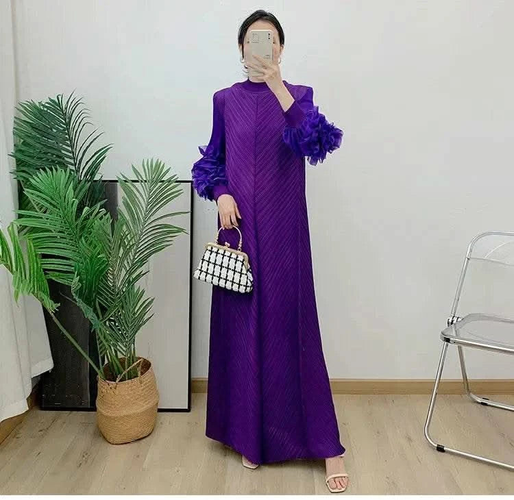 ANLAN Miyake Pleated Maxi Long Dress Mesh Petal Sleeve Half Turtleneck Formal Dresses for Women 2024 New Hot Sales 6KK9927 - M & M Global