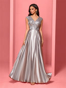 New Luxury Gold Satin V-Neck Sequins Embroidery Formal Evening Dresses Women Long Elegant Wedding Party A-line Cocktail Gowns