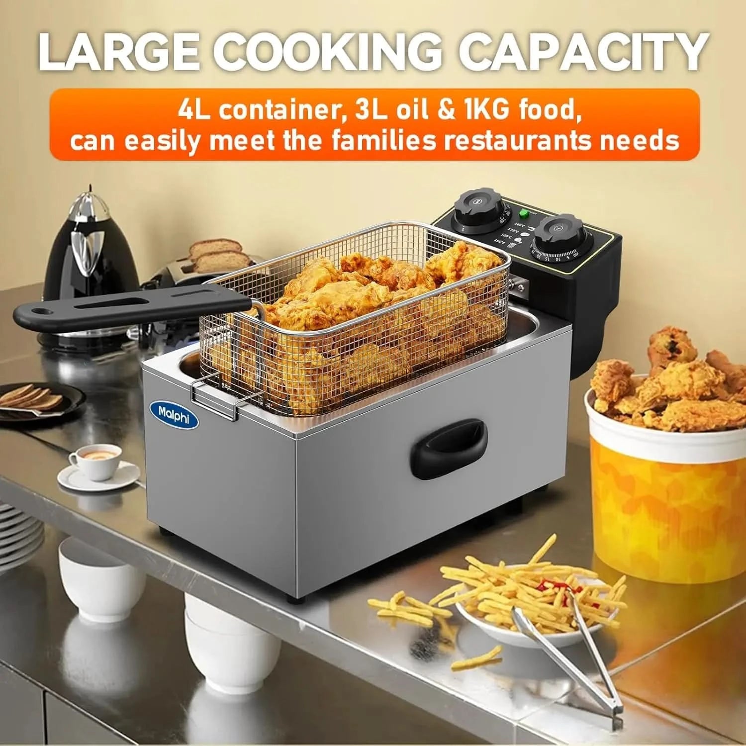 3 Litre Deep Fat Fryer Adjustable Temperature, Chip Pans - Basket & Lid - Fast 2000w High Power, Electric Oil Pot - Overheat Pro - M & M Global