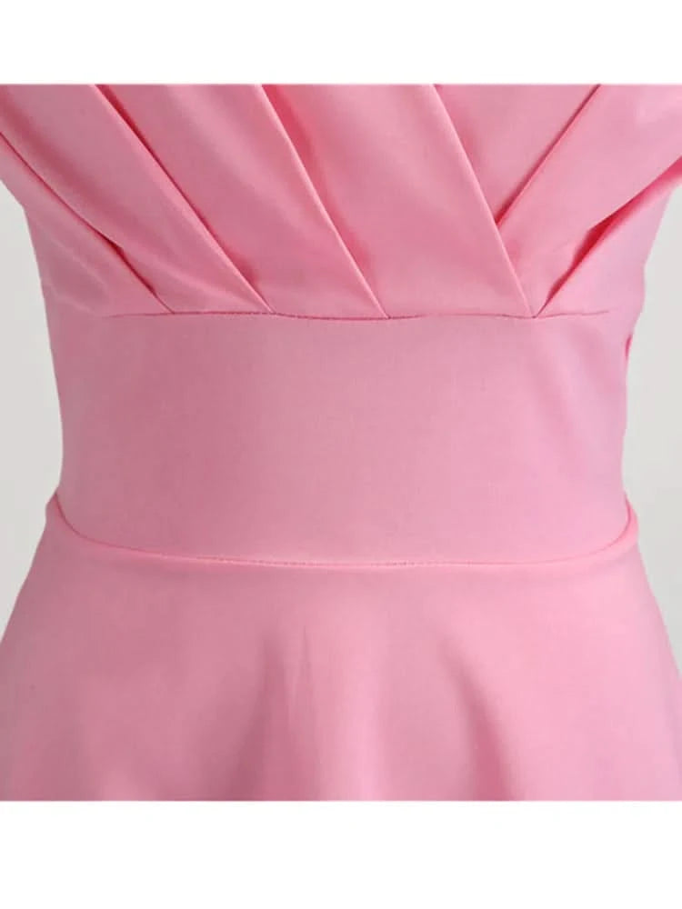 Pink Summer Dress Women V Neck Vintage Robe Elegant Retro pin up Party Office Midi Dresses - M & M Global