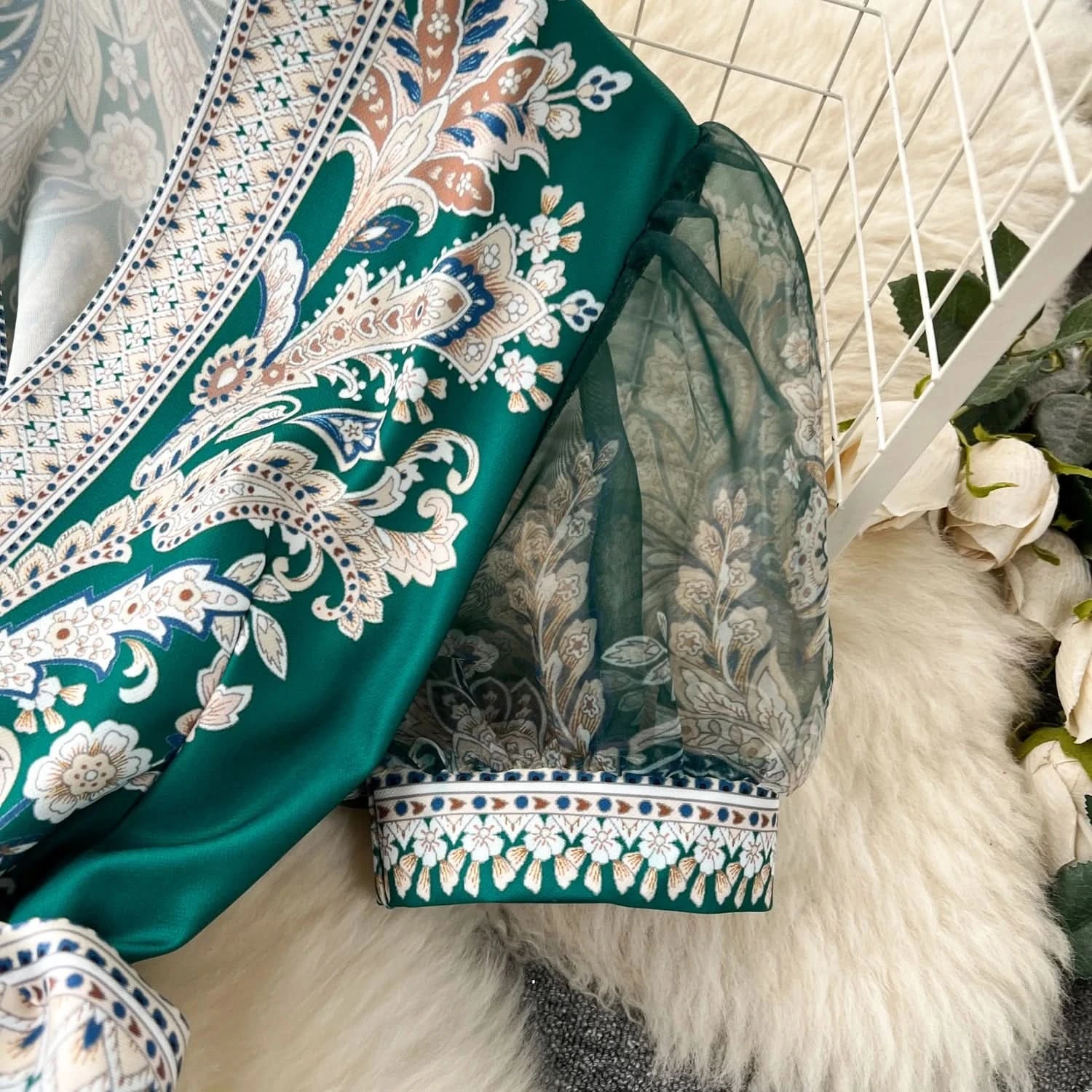 Summer Bohemian Paisley Print Long Dress Women V-Neck Short Puff Sleeve Vintage Print Bandage Lace Up Robe Vestidos Clothes 6237 - M & M Global