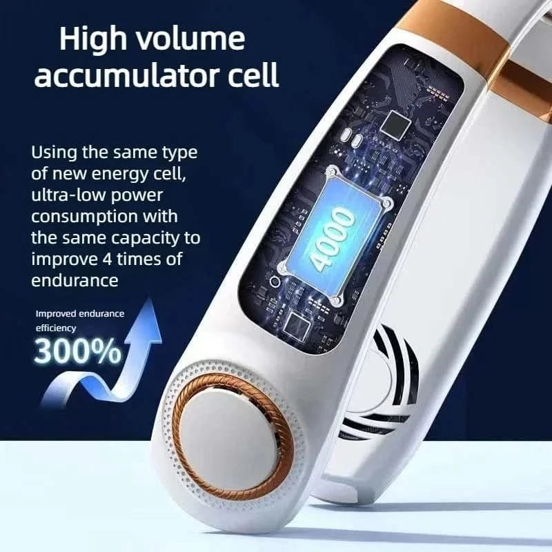 White electronic device with digital display on a blue background, highlighting high volume accumulator cell technology.