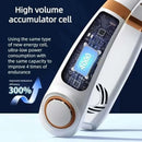 White electronic device with digital display on a blue background, highlighting high volume accumulator cell technology.