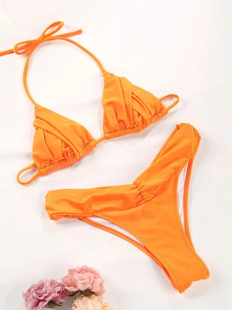 Summer 2025 Bikini Luxury Swimwear Women Biquini Folds Bikini Set Bathing Suit Women Swimsuit High Grade Champagne Bikinis Beach - M & M Global