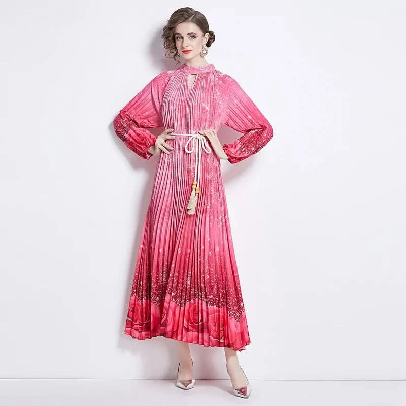 Spring Holiday Print Long Dress For Women Fashion Loose Lantern Sleeve Party Robe Female Big Swing Tassels Belt Pleated Clothes - M & M Global