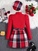 Girls’ 3-Piece Red Top, Plaid Skirt & Hat Set