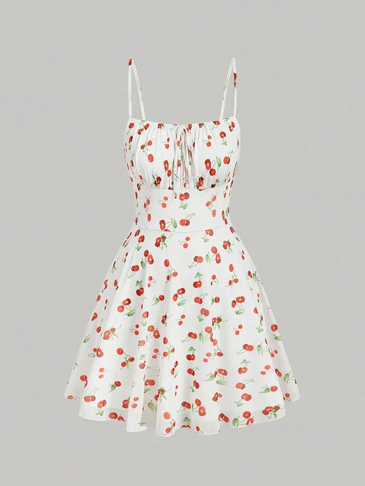 Cherry Printed Vintage Summer Dresses Y2kWomen Swing Robe Party Dress 2025 New Casual Vestidos Sexy Strapless A-Line Sundresses - M & M Global