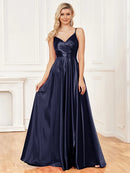 Luxury V-Neck Satin Sleeveless Blue Formal Evening Dress 2024 Women Elegant Sexy Slip Wedding Party Long Prom Dress