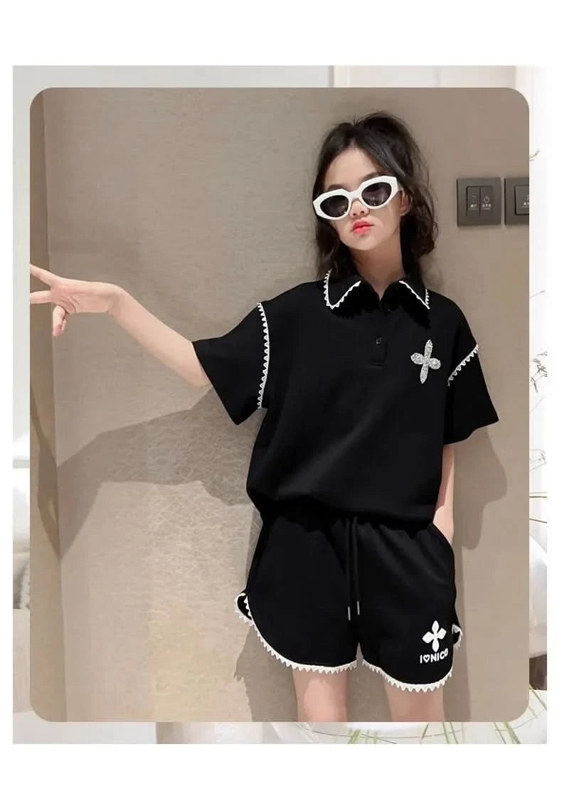 Girls Summer Polo Shirt Set Ruffle Collar T-Shirt Shorts Two-Piece Korean Style Mid-Big Children Fashionable Clothing - M & M Global