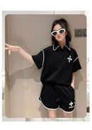 Girls Summer Polo Shirt Set Ruffle Collar T-Shirt Shorts Two-Piece Korean Style Mid-Big Children Fashionable Clothing - M & M Global