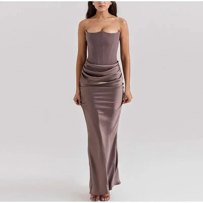 Sexy Strapless Patchwork Long Dress Women Slim Sleeveless Pleated Mermaid Dresses 2025 Spring Summer Lady Evening Solid Robe - M & M Global