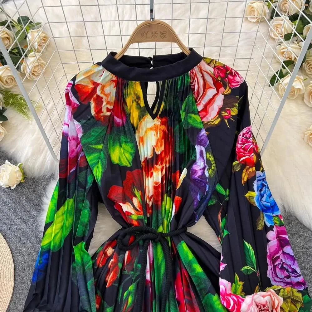 Spring Holiday Print Long Dress For Women Fashion Loose Lantern Sleeve Party Robe Female Big Swing Tassels Belt Pleated Clothes - M & M Global