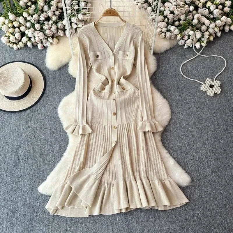 2024 Green Fashion Autumn Winter Knitted Long Dress French Style Letter Buttons Elegant Sweater Dress Lady Office Bodycon - M & M Global