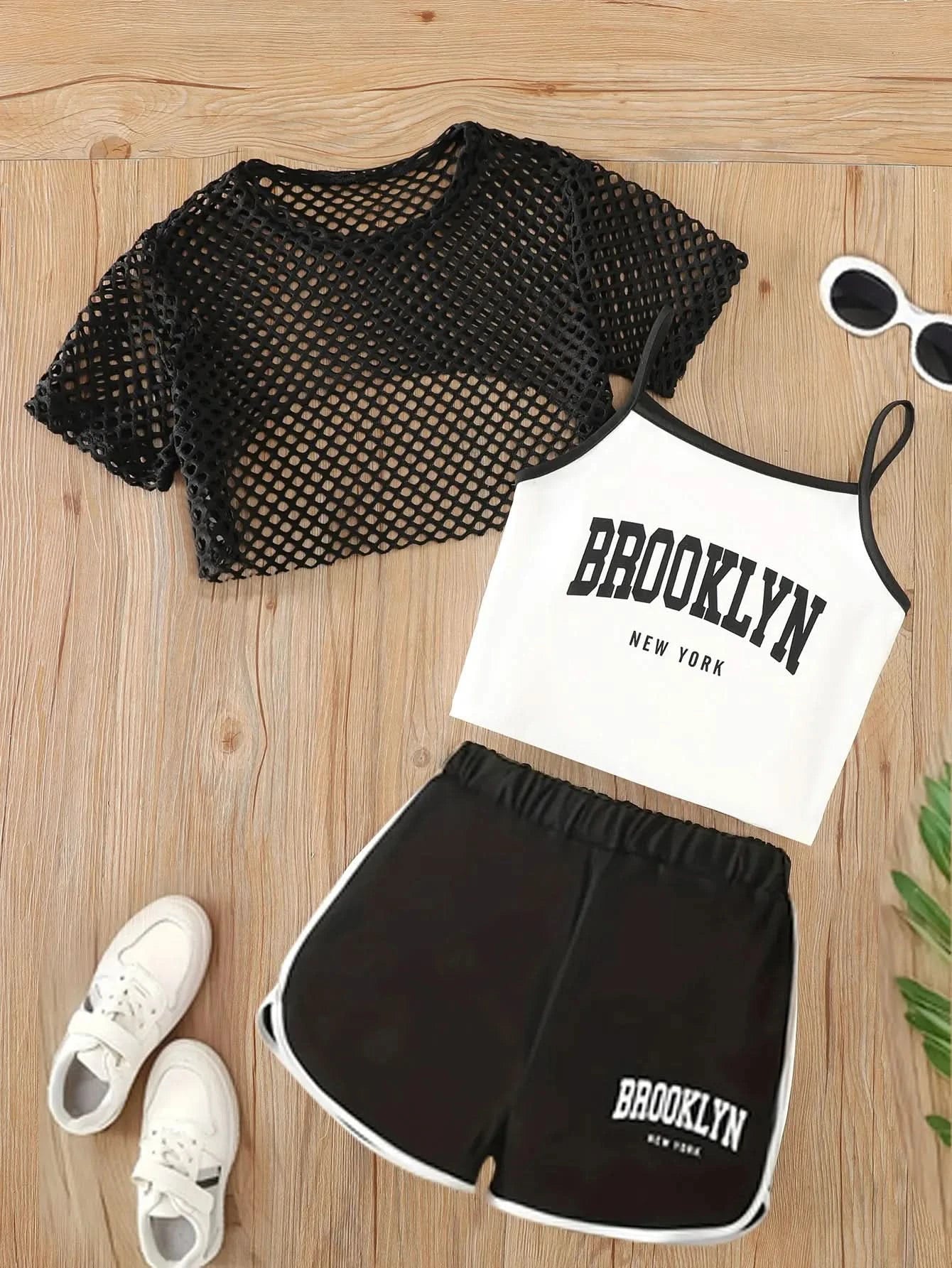 Girls Three-Piece Clothing New Breathable Summer Thin Fashion Short-Sleeved Mesh Top + Letter Printed Short Vest Suspender + Letter Printed Sports Shorts - M & M Global
