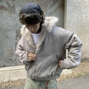 Winter American Retro Fur Collar Women Padded Hooded Cotton-Padded Jacket Plush Casual Street Gothic Harajuku Oversize Coat