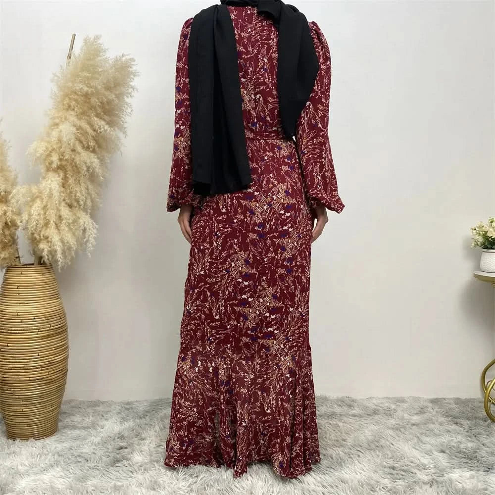 Muslim Women's dress Casual print bark crepe long dress Zipper collar long sleeves loose Muslim maxi dress - M & M Global