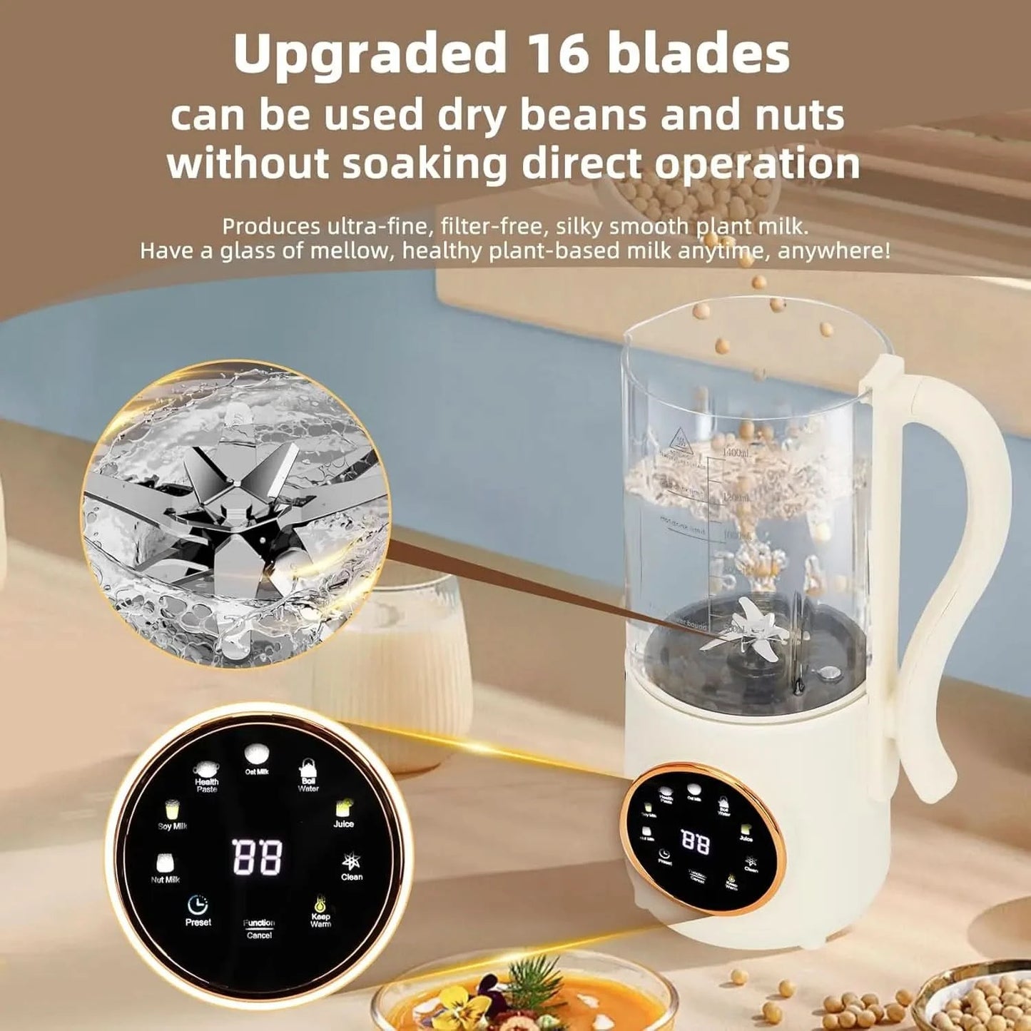 9 in 1 Automatic Soy Milk Maker, 47oz (1400ml) Nut Milk Maker, with Self-Cleaning, 16 Blades Makes Almond Milk, Oat Milk, Plant - M & M Global