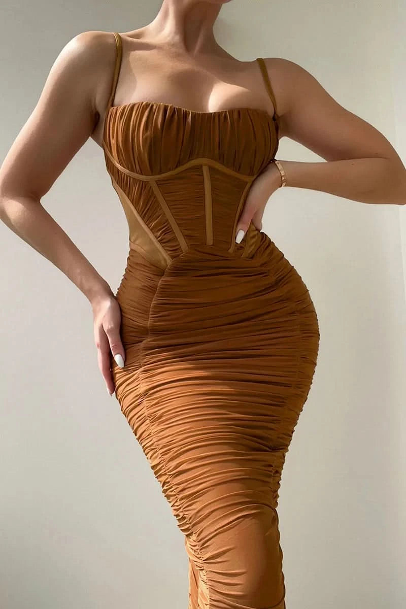 Mozision Elegant Corset Ruched Maxi Dress Women Fashion Spaghetti Strap Sleeveless Backless Zipper Long Dress Vestido - M & M Global