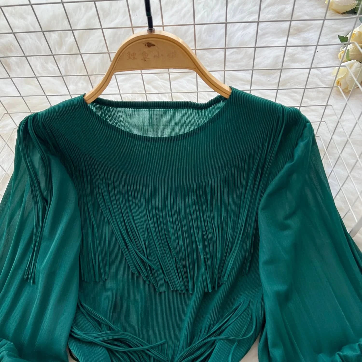 Vintage O-Neck Elegant Long Lantern Sleeve Chic Tassel Slim Long Dress French Fashion Evening High Street Autumn Winter Clothing - M & M Global