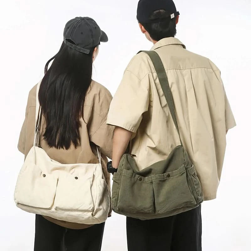 Vintage Style Canvas Messenger Bag Casual Travel Crossbody Bag Retro Large Capacity Shoulder Bag Multi Pocket Shoulder Bag - M & M Global