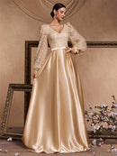 Luxury Beading Gold V-Neck Sequins Satin Evening Dresses Women Elegant Long Sleeve Wedding Party Prom Cocktail Gowns
