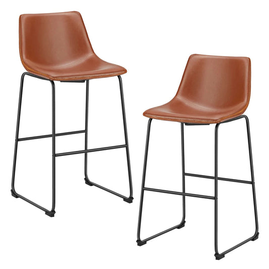 JHK Leather Modern Bar Bench 2-piece Set Armless Metal Leg Brown Bar Bench with Backrest Home Chair Living Room Furniture