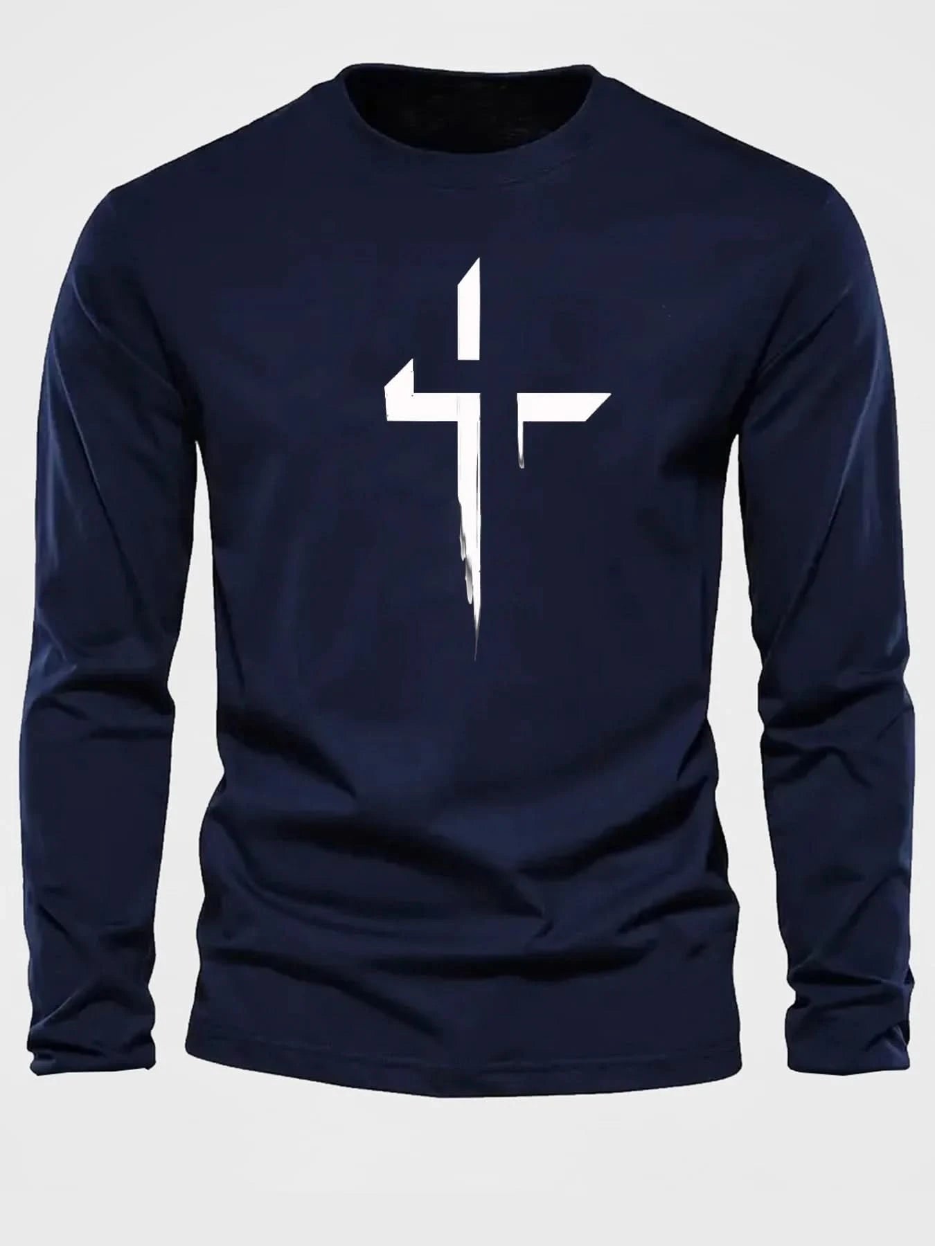 Men's 100% pure cotton loose fit plus size comfortable casual sports cross print round neck long sleeved T-shirt top - M & M Global