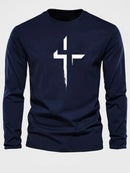 Men's 100% pure cotton loose fit plus size comfortable casual sports cross print round neck long sleeved T-shirt top - M & M Global