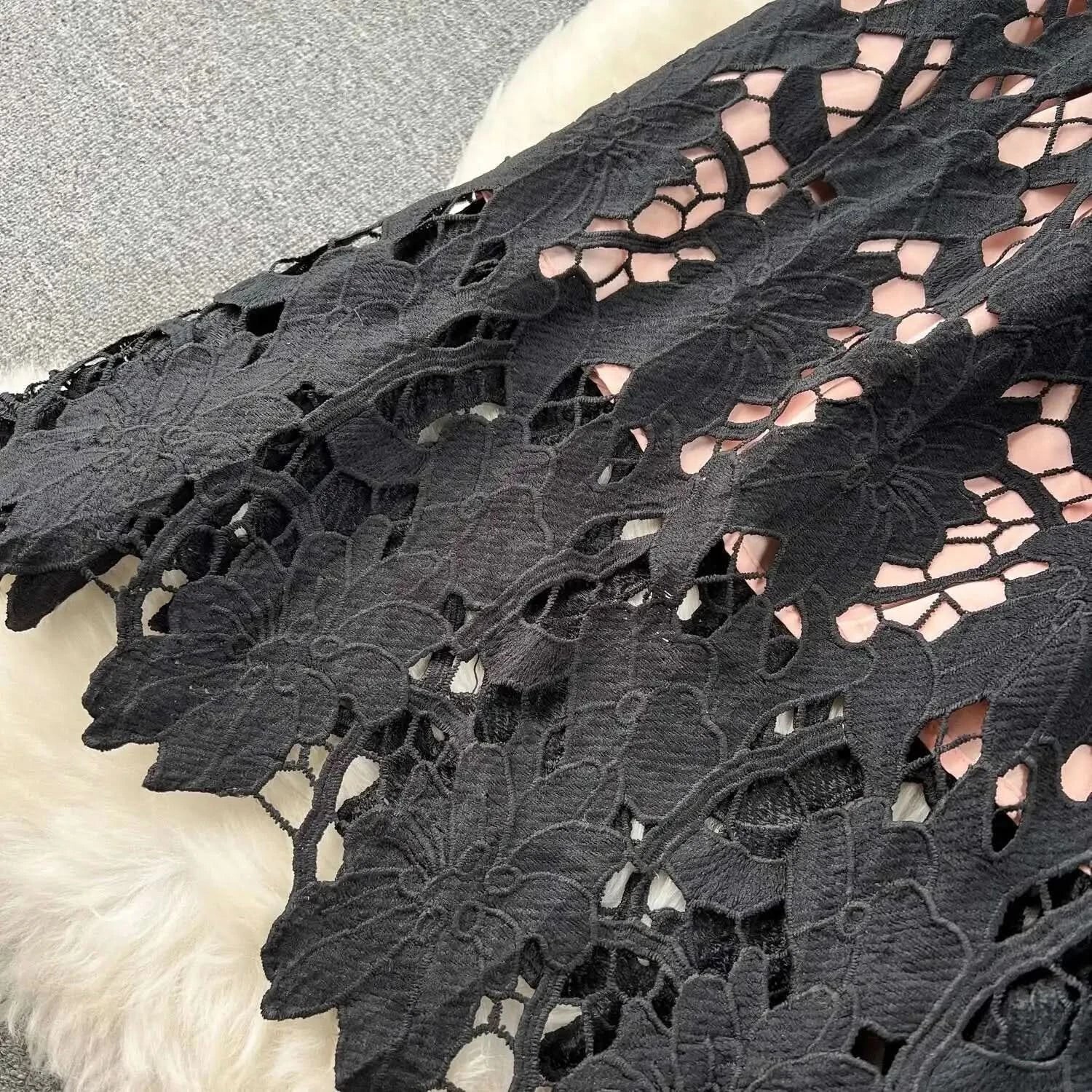 Elegant Flower Embroidery Lace Hollow Out Midi Dresses Women's 2025 Summer O Neck Short Sleeve Casual Long Dress Party Vestidos - M & M Global