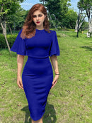 New 2026 Crew Neck Half Sleeve Hips-Wrapped Slim Fit Party Women Midi Dress Autumn Official Dresses For Ladies
