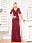 Luxury Floor Length V-Neck Evening Dresses Women Elegant Wedding Party Sequins Short Sleeves Prom Floor-Lenght Cocktail Gowns