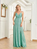 Elegant Formal Sequin V-Neck Evening Dresses 2025 Women Sexy Suspenders Slit Party Prom Cocktail Long Gowns